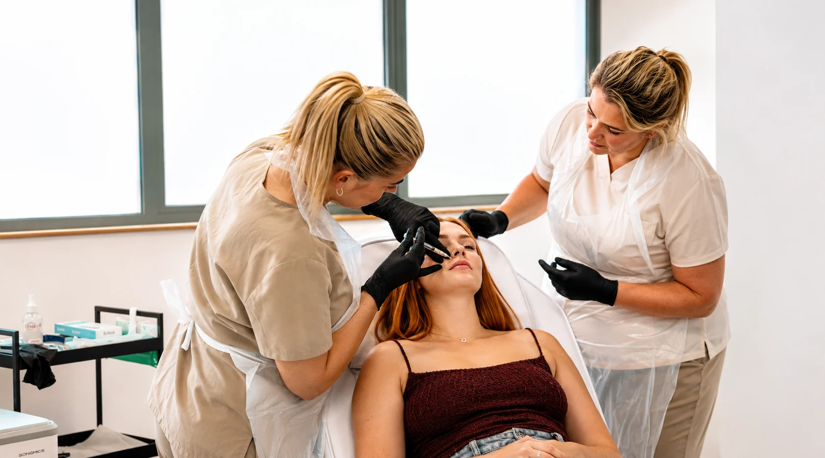 Hands-on aesthetic training at Muse, with a clinician supervising a student treatment